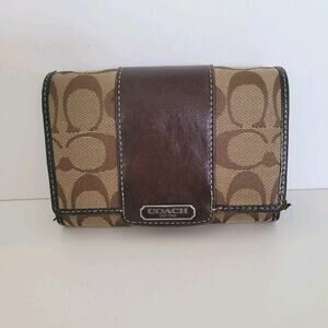 Coach Wallet Canvas Leather Brown Purple Designer Medium Bifold Logo
